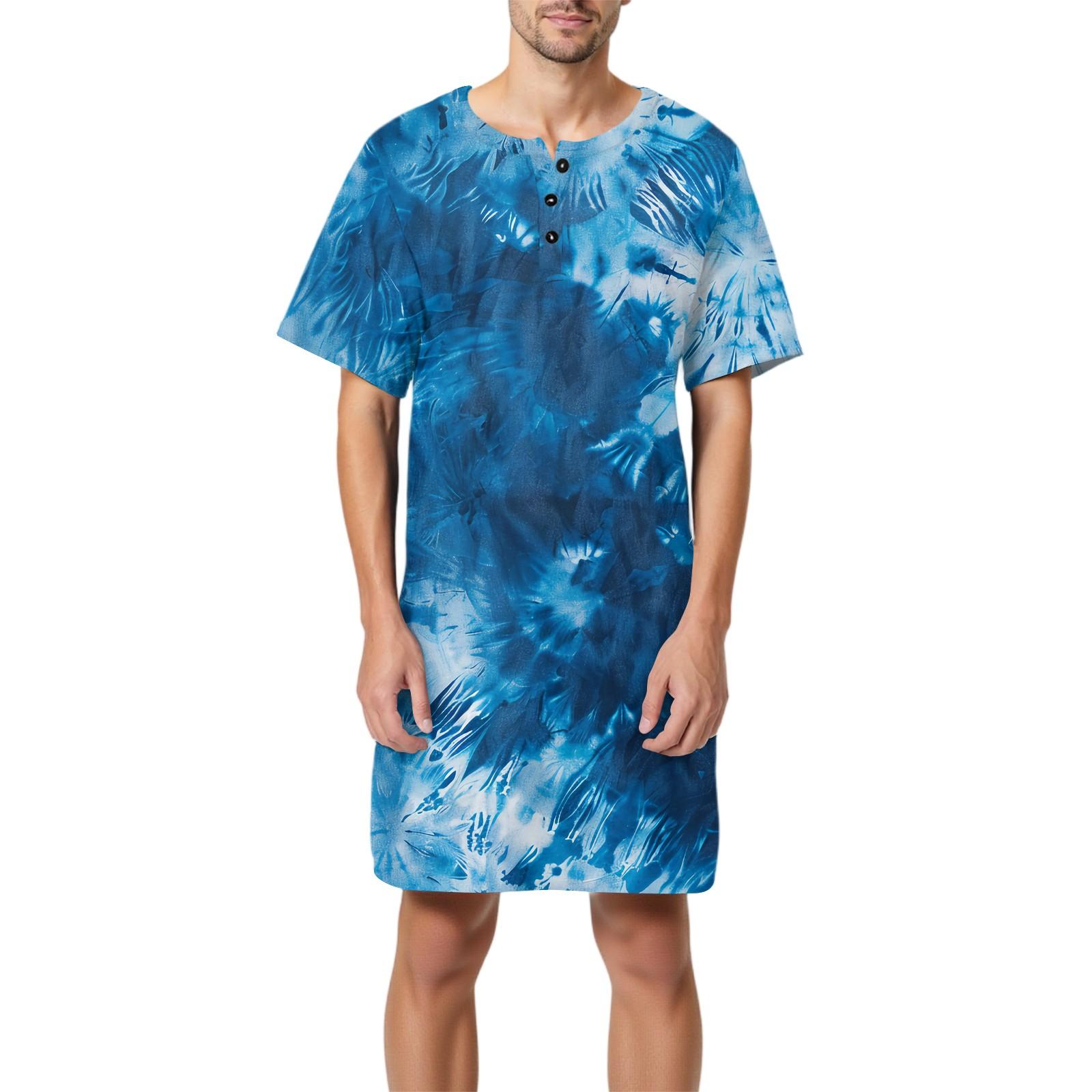 

Мужская мода Принтованная хлопковая пижама с коротким рукавом Воротник на пуговицах Длинная свободная домашняя одежда XXL синий