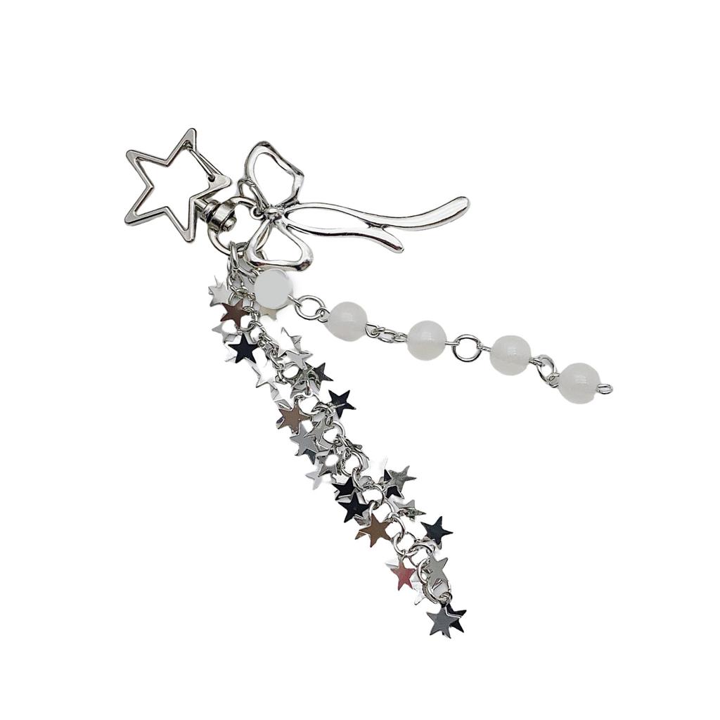 Stylish Star Tassels Bowknot Beaded Keychain Hanging Key Ring Handmade Phone Chain Accessories for Women and Teens