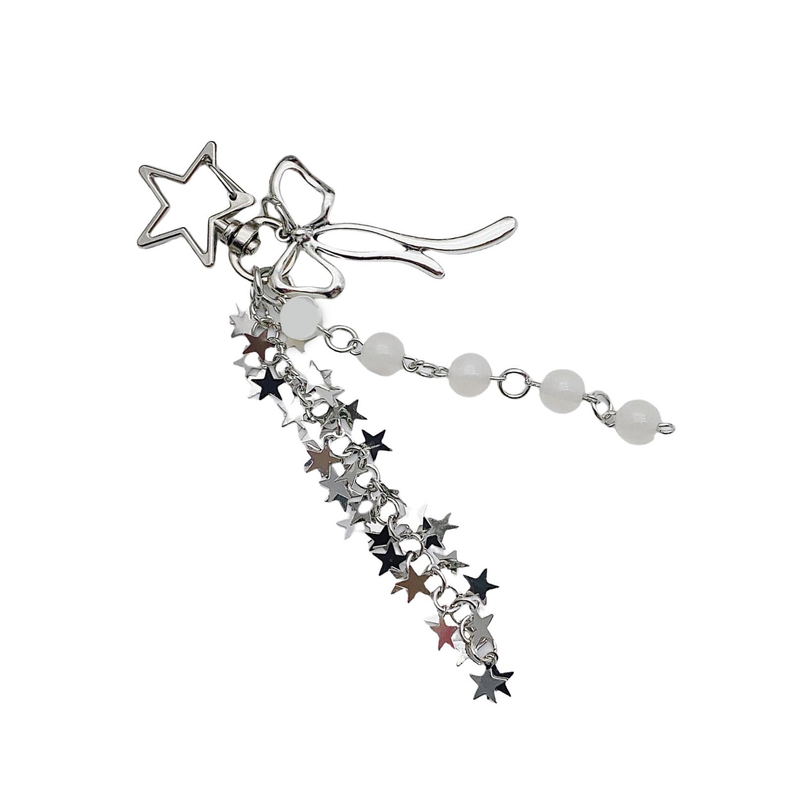 

Стильный брелок для ключей с кисточками в виде звезды, бантом и бусинами, подвесной брелок для ключей, цепочка для телефона ручной работы, аксессуары для женщин и подростков белый