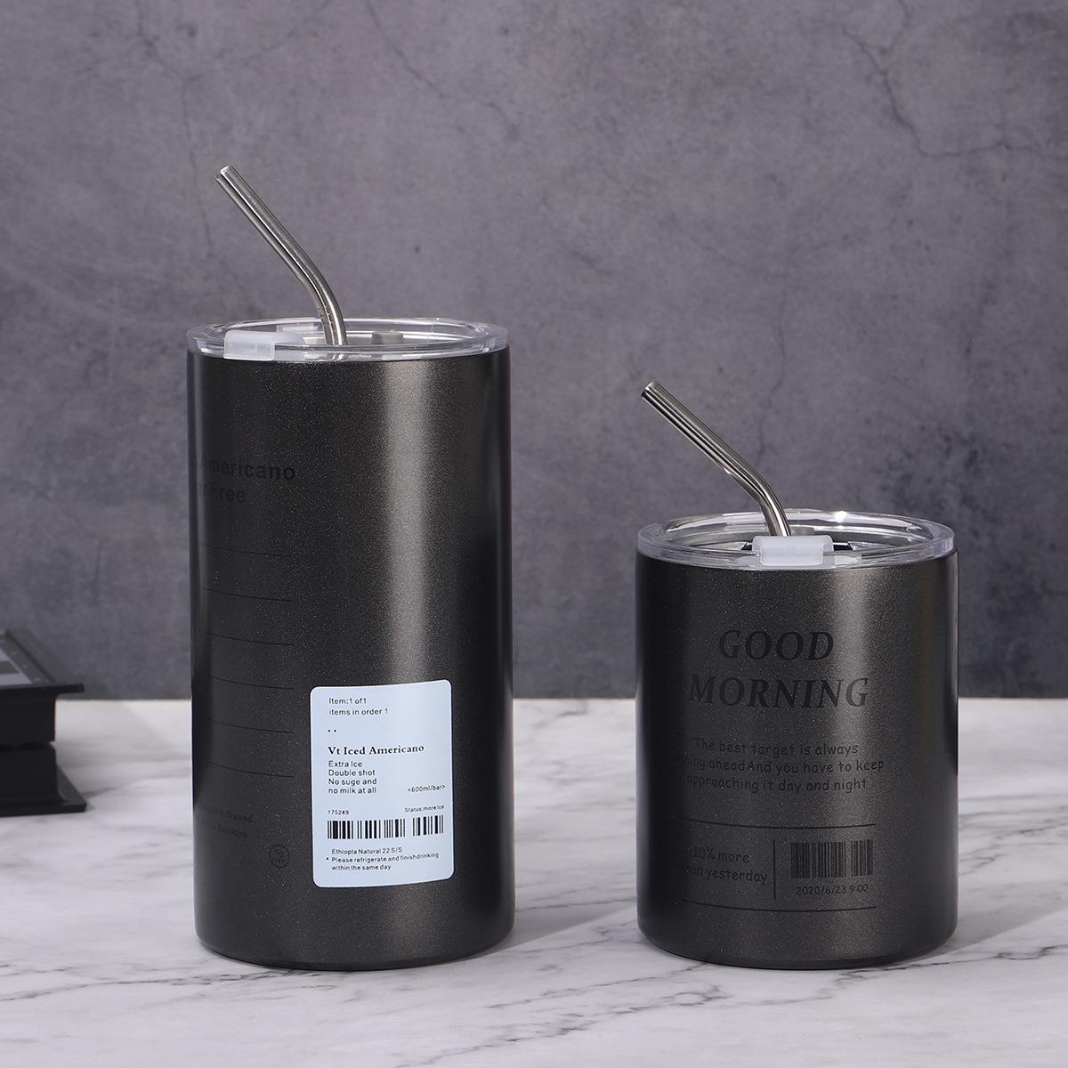 

304 Stainless Steel Double Wall Iced Americano Cup with Straw - Portable Thermos 320ml чёрный