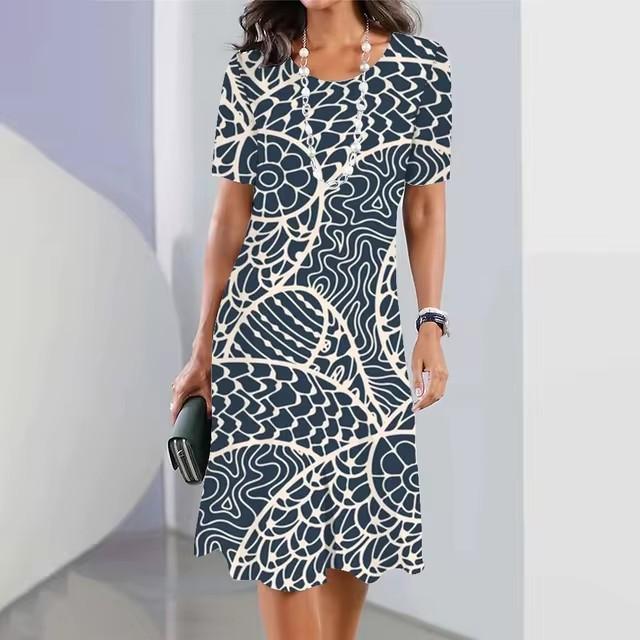3D geometric stripe print elegant women's short-sleeved summer dress