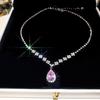 Inlaid Rhinestone Water Droplet Pink Pendant Earring Necklace Set Exquisite Temperament Light Luxury Fashion Zircon Sets Gifts