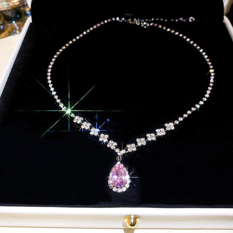 Inlaid Rhinestone Water Droplet Pink Pendant Earring Necklace Set Exquisite Temperament Light Luxury Fashion Zircon Sets Gifts