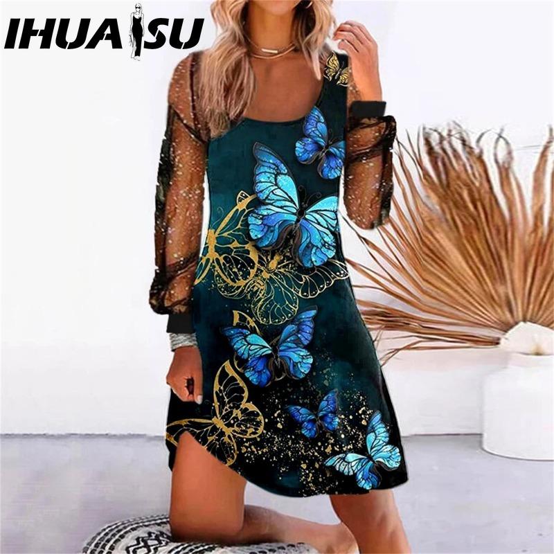 

IHUASU Женская мода весна осень однотонный принт длинный рукав U-образный вырез высокая талия повседневные платья XXXL