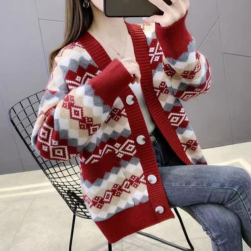 Womens Oversized Knit Cardigan With Vintage Boho Style Long Sleeve V-Neck Thick Warm Sweater