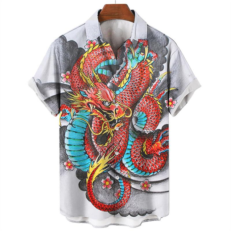Summer Men's Dragon Pattern Element Shirt Social Casual Vintage Hawaiian Shirt  New Oversize Short Sleeve Street Clothing