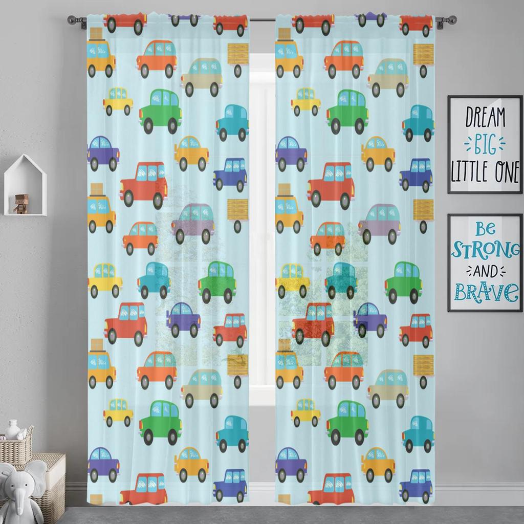 Herdesings Cute Car Sheer Tulle Curtains Cars Chiffon Drapes 2 Panels Window Curtains for Living Room Bedroom Kitchen Decoration