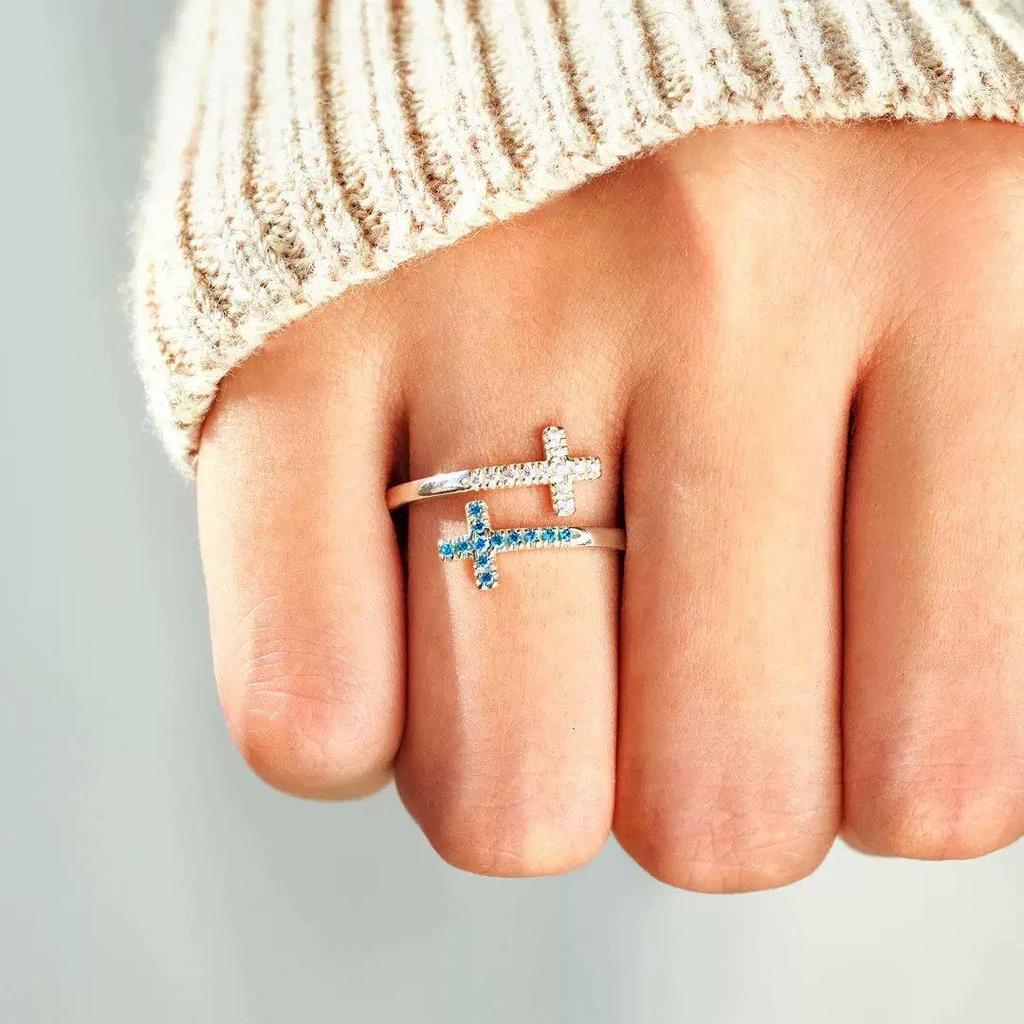 S925 Sterling Silver Two-Tone Stone Women's Fashion Cross Ring for Index Finger, European and American Style.