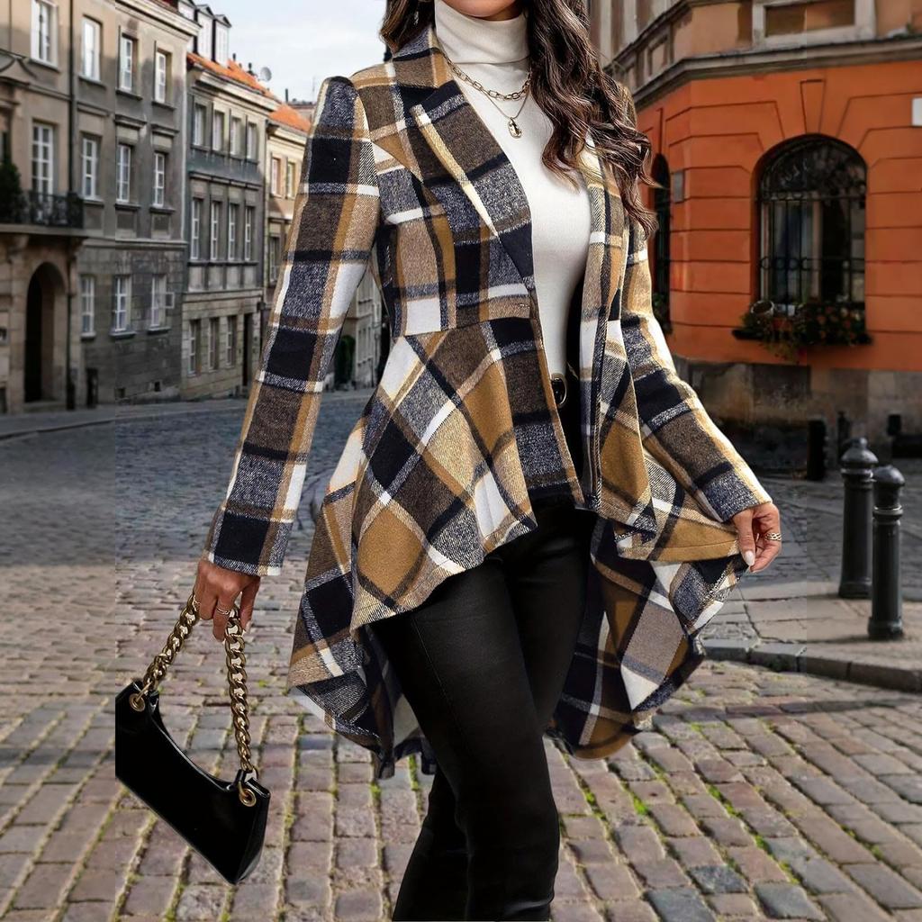 Ladies' Plaid Printed Fashionable Long Sleeved Jacket Cardigan