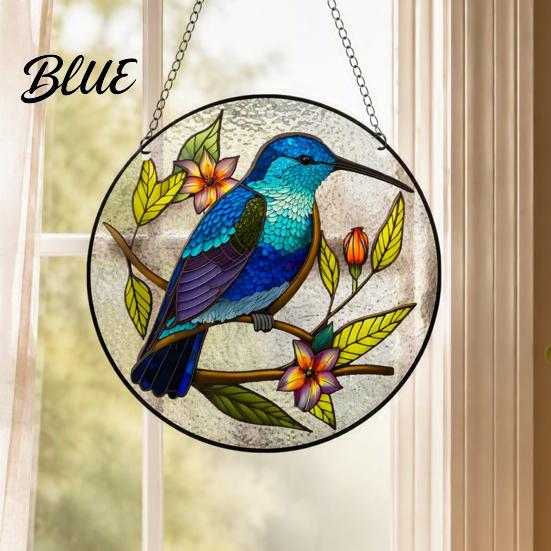 Exquisite Floral Bird Motif Colorful Hummingbird Wall Hanging Decoration, Stained Acrylic Suncatcher for Window Easy Install Pendant Decor, Decorative