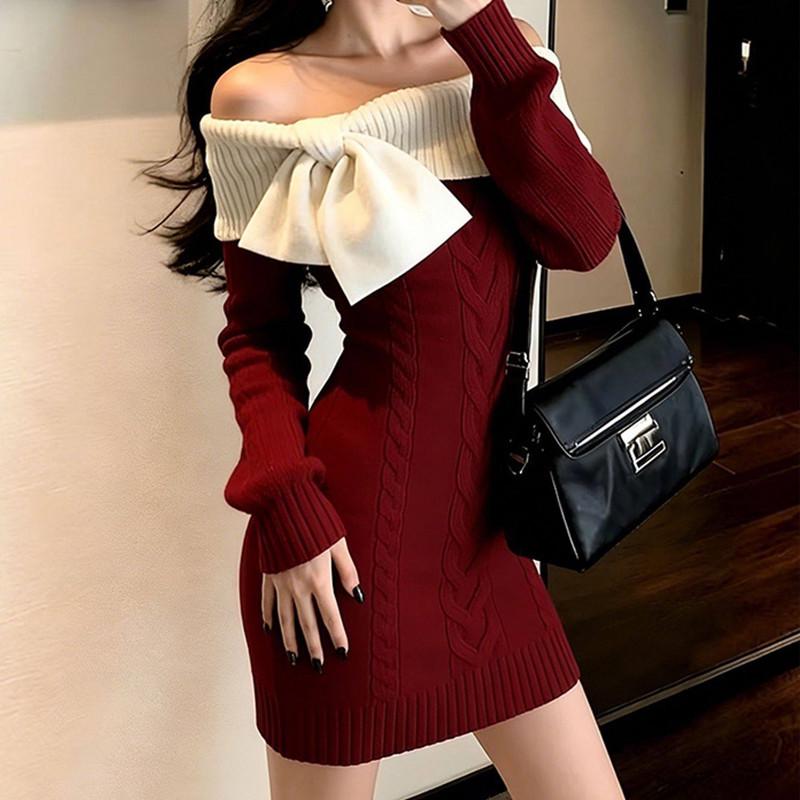 Autumn/Winter Slimming Waist Bodycon Off-Shoulder Knit Dress with Bowknot – French Spicy Style for Women One Size (80-120)