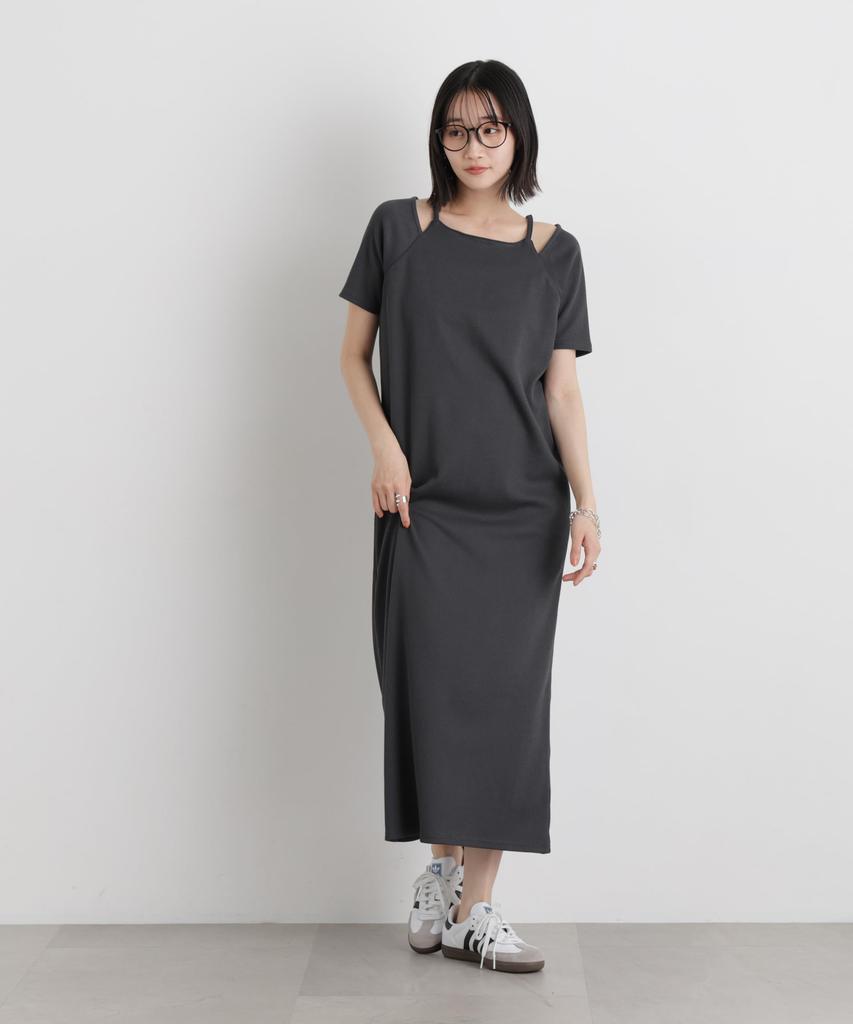 Neck Ribbed Cut Dress for Size 023 [Nano Universe] Layered-Like Women, F, Charcoal, 673-6119323