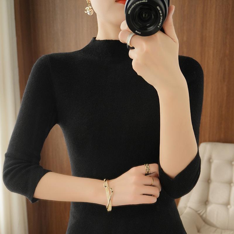 New Spring and Autumn Thin Knitted Sweater Female Slim Solid Color 7-point Sleeve Sweater Temperament Thin Solid Color Pullover Half Turtleneck