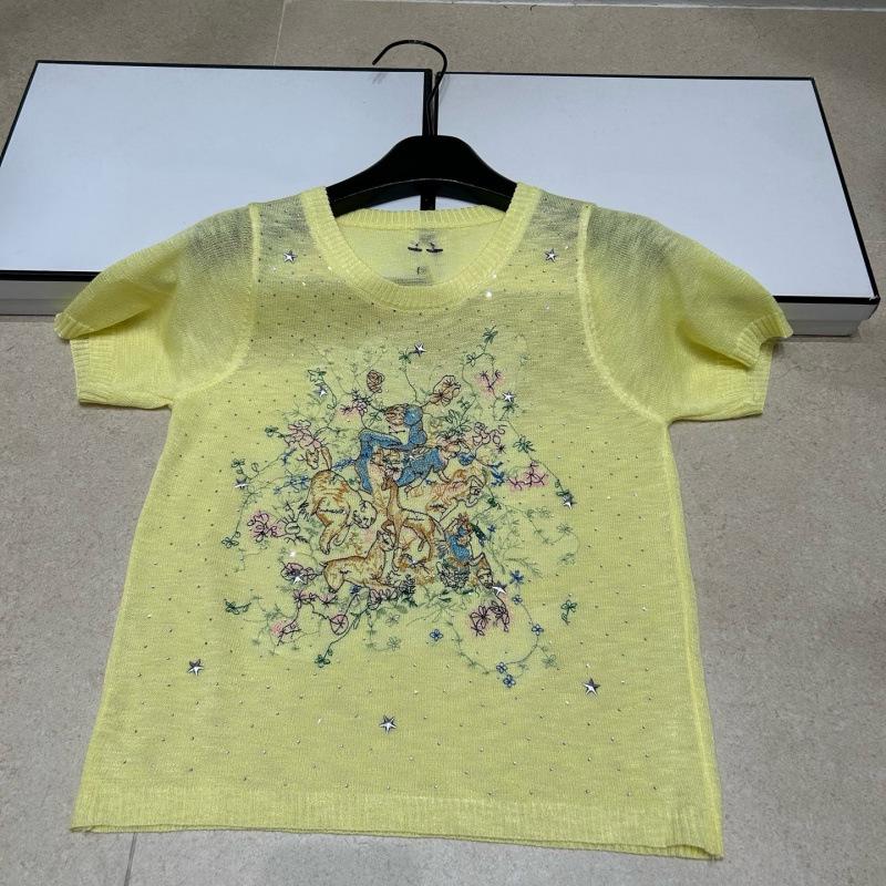 D Brand Women's European Style Luxury Knit Round Neck Short Sleeve T-Shirt