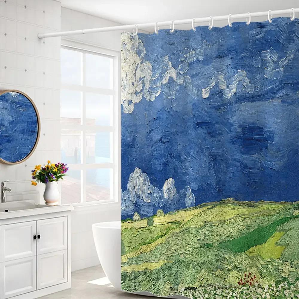 Van Gogh Starry Night Shower Curtain Oil Painting Abstract Art Blue Sky White Cloud Star Moon Scenery Bathroom Decor With Hooks