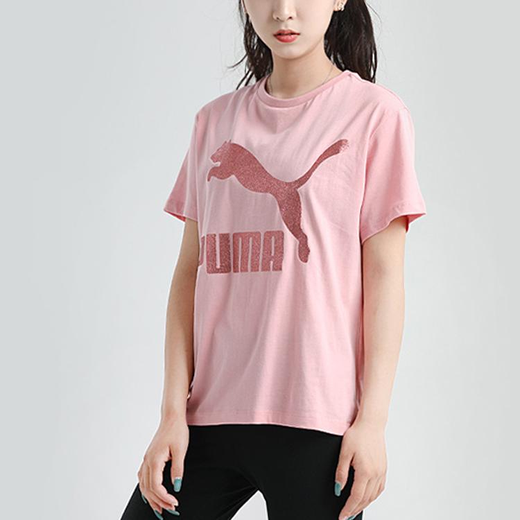 Puma Logo Print Round Neck Short Sleeve T-Shirt Women Tops Pink 530005-14