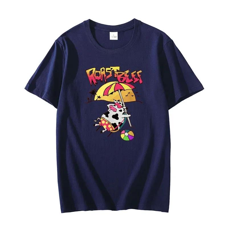 Fun and Cute Grilled Beef Beach Cow Cartoon Pattern Summer Casual and Comfortable Short Sleeved T-shirt Top