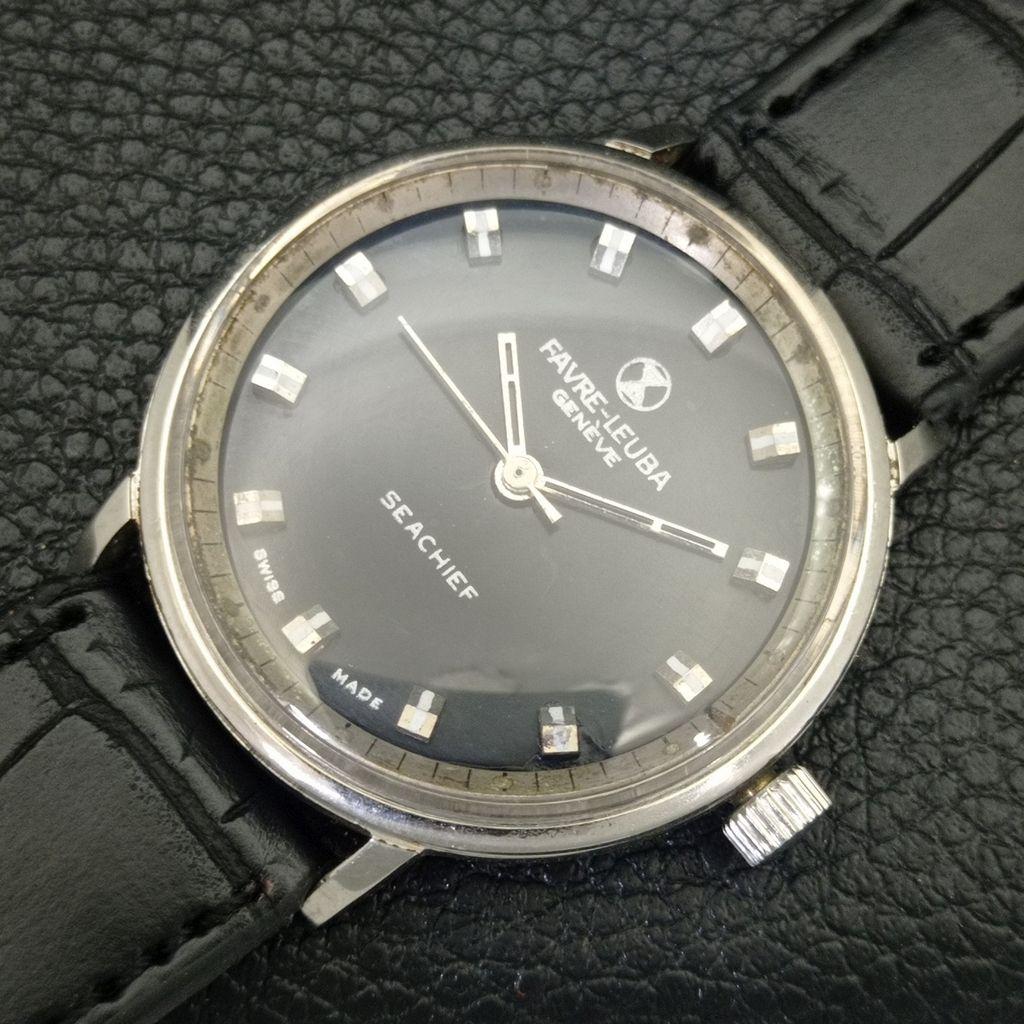 HAND-WINDING VINTAGE FAVRE LEUBA SEA CHIEF SWISS MENS BLACK DIAL WATCH a703835-1