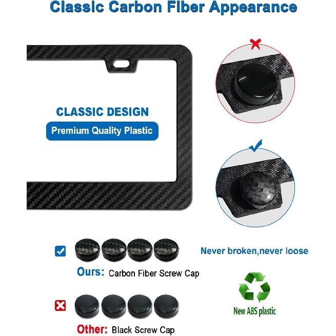 Black Carbon Fiber License Plate Frames, Plastic Number Plate Holder Print Carbon Pattern for Men and Women, 2 Pack with Screws Caps for Front Rear
