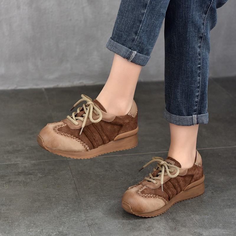 Johnature Handmade Flats Mixed Colors Lace-up Shoes Genuine Leather Casual Women's Shoes Versatile Sneakers