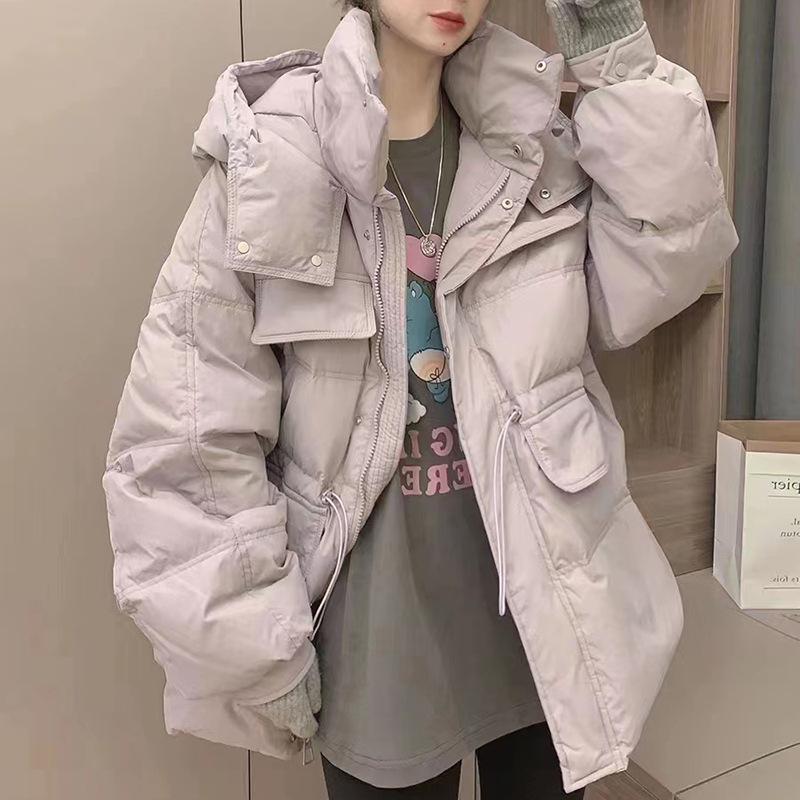 Hooded tooling down jacket women's short 2024 winter new waist loose fashion white duck down jacket large size tide