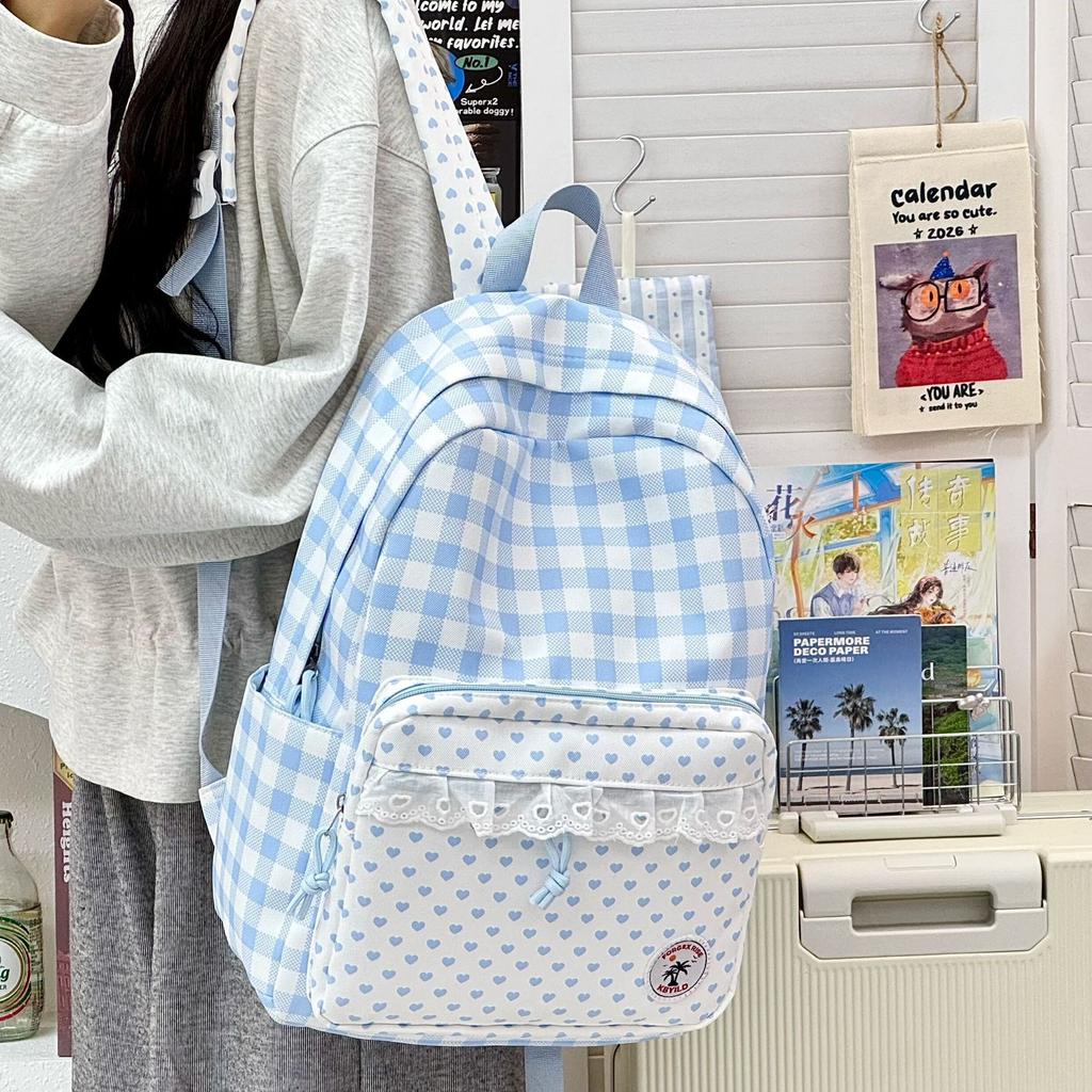 Schultasche Koreanisch süß blau-weiß karierter Rucksack Mittelschulrucksack Mädchenherz Spitzen-Design Schultasche