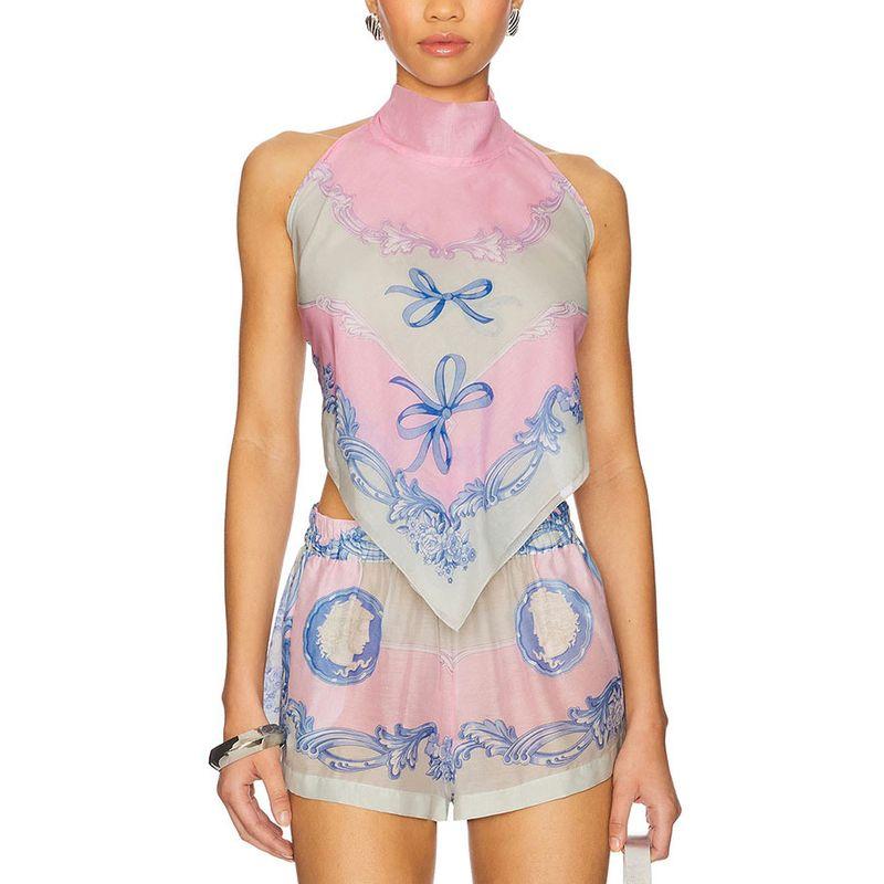 

European and American Women s Clothing Shoelace Positioning Printed Two-Piece Suit Sleeveless Shorts Open Back Female 3047 Pink S