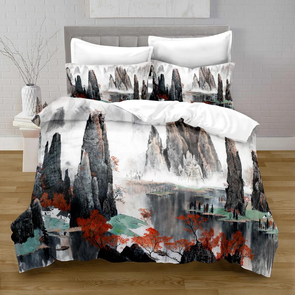 Ink Painting King Queen Duvet Cover Chinese Landscape Painting Bedding Set Adults Idyllic Scenery Mountain Polyester Quilt Cover