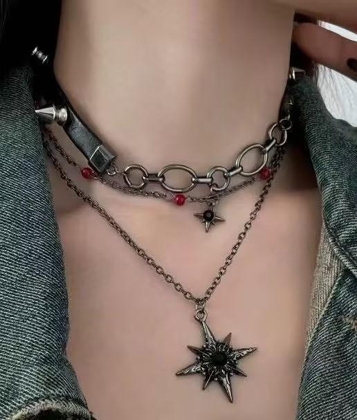 Dark Gothic cross fringed necklace multi-layered beaded necklace fashionable Spice Girl necklace