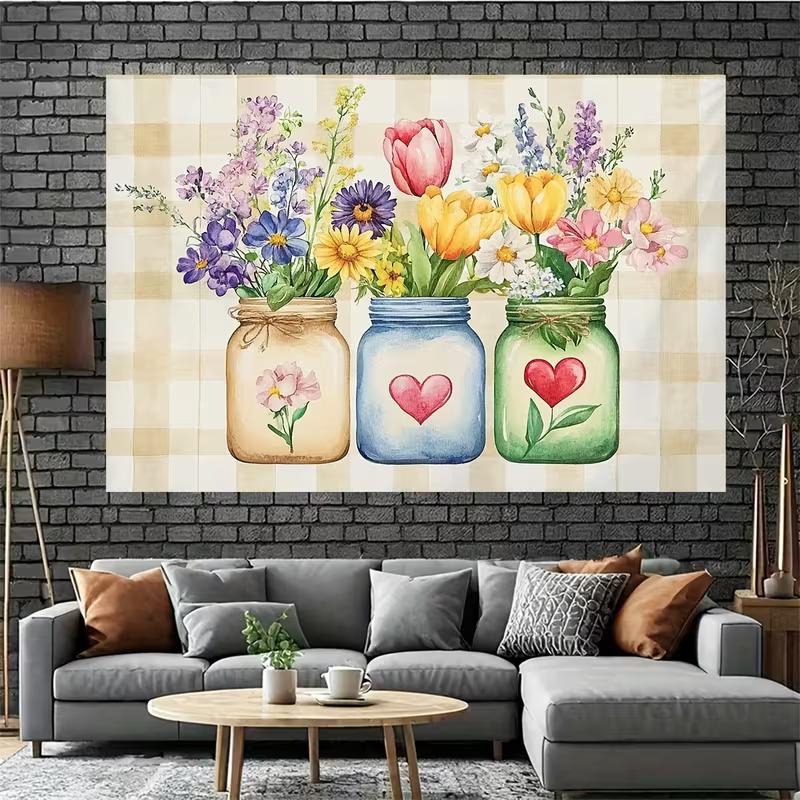 

2D Farmhouse Floral Tapestry, Mason Jar Bouquet Wall Art Backdrop for Spring & Valentine s Decor 47.2x31.5inch/120*80cm