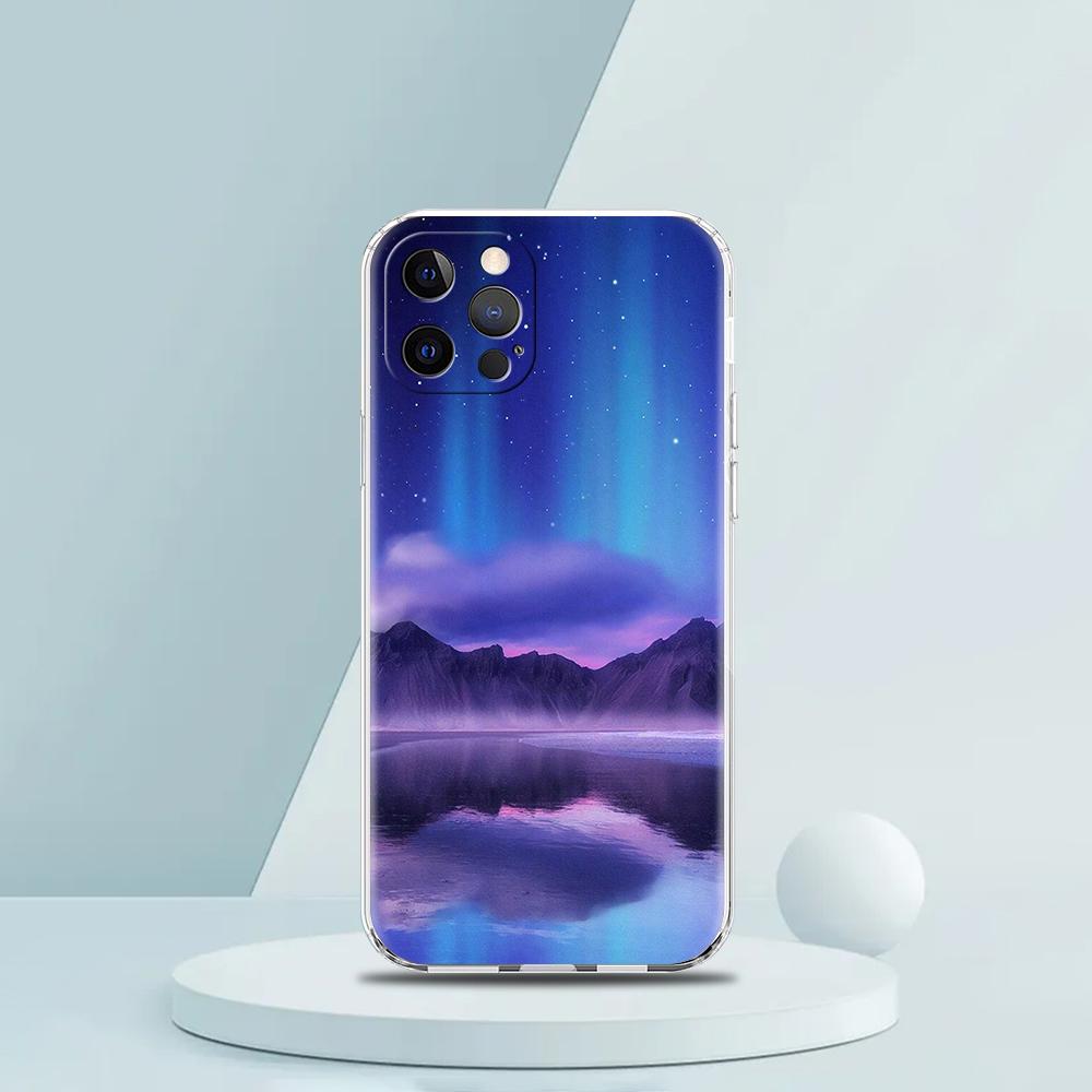For iPhone 15 16 14 13 12 Mini 11 Pro Max XS X XR SE 7 8 Plus Silicone Clear Cover Beautiful Northern Lights Luxury Phone Case