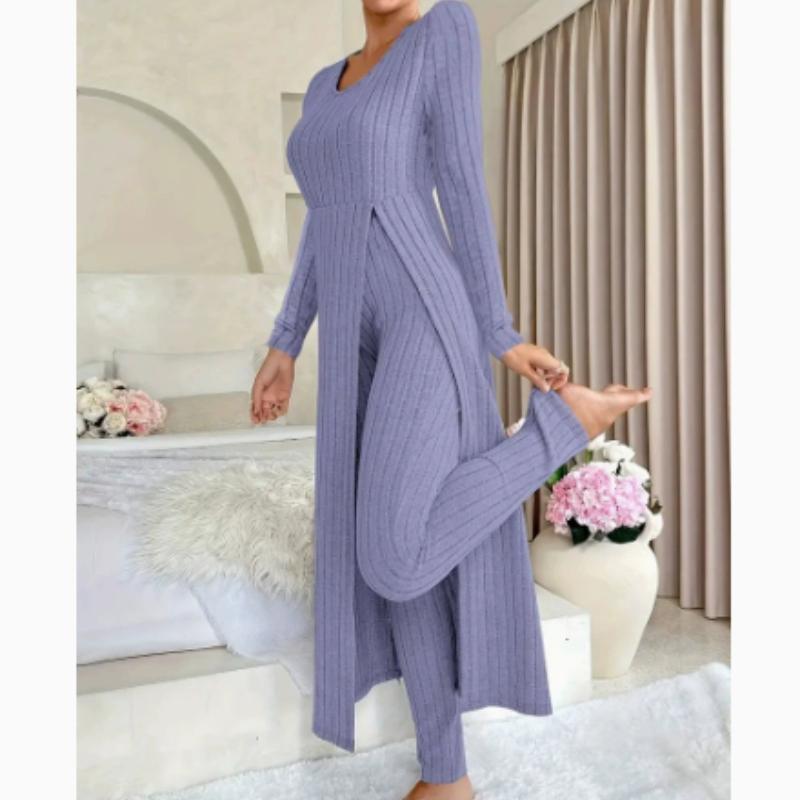 

Дизайн Sensation Топ з круглим вирізом та розрізом, з довгими рукавами, та штани, комплект з двох предметів у клітинку, весняно-осінній стиль M фіолетовий