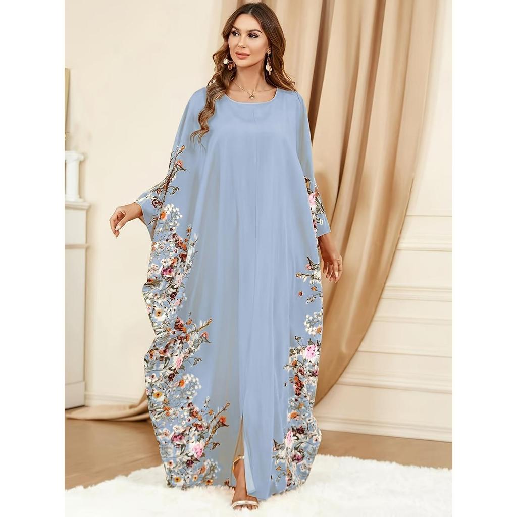 Caftano con stampa floreale Ramadan, scollo rotondo, elegante abito lungo con spacco e maniche a pipistrello, abbigliamento da donna