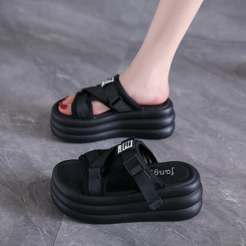 Fashion Summer Women Buckle Slippers Flip-Flops Beach Shoes Wedge Heels Slides Woman Platform Slippers Candy Colors Outside Sandals 7cm