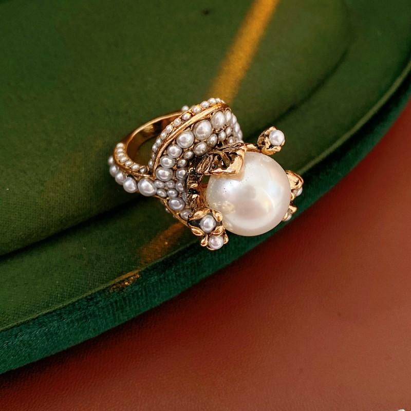 Vintage Perlenblumenring Damen Gold Weißton Retro Finger Boho Chic Statement Schmuck