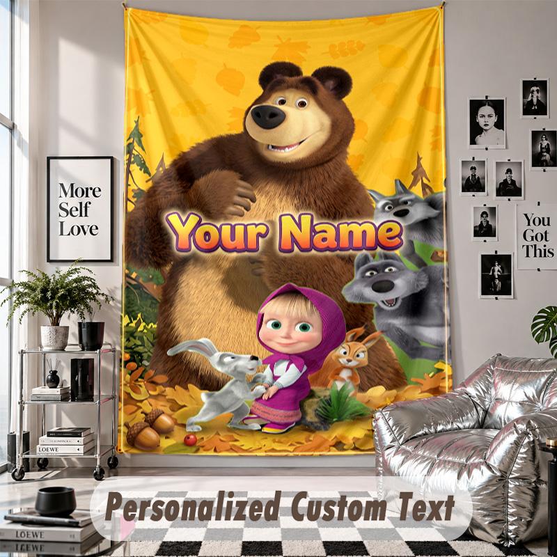 Wall Hanging Tapestry With Custom Name & Text, Masha and the Bear Decorative Tapestry For Bedroom