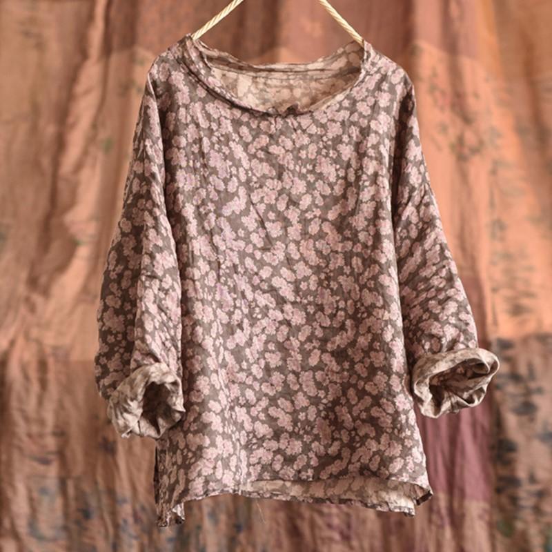 

Johnature Vintage Summer Ramie Women T-Shirts Квітковий О-виріз Довгий Рукав Китайський Стиль Жіночий Одяг Повсякденні Футболки One Size рожевий