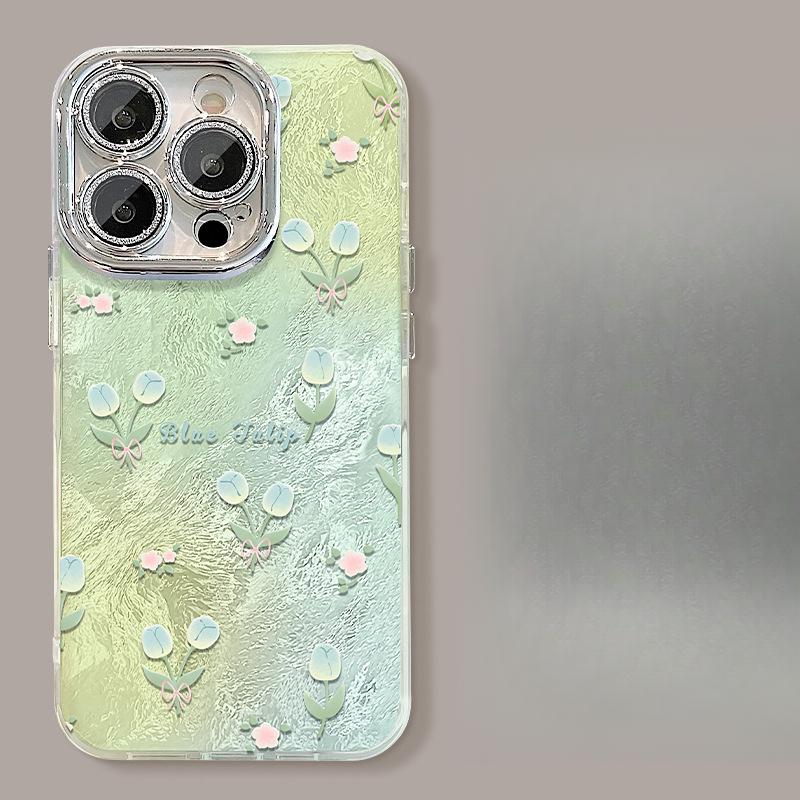 Pink Florals Suitable for Apple 16pro Glacier Pattern Mobile Phone Case 15 Full-inclusive Lens Film 14 Spring and Summer 13 Small Fresh X