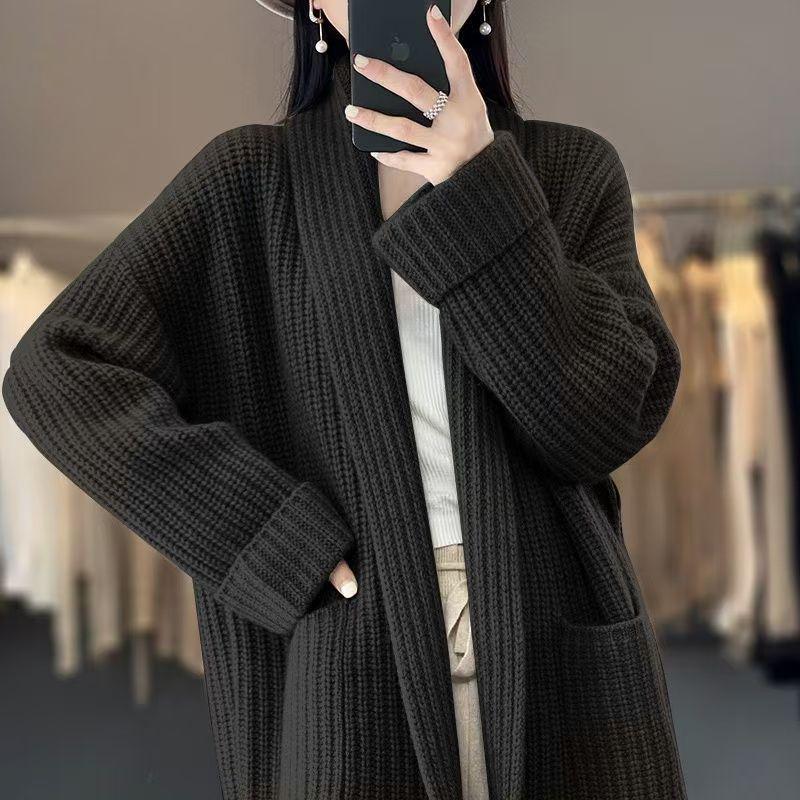 Korean Style Chunky Knit Plus Size Loose Cardigan - Autumn/Winter Women's Trendy Mid-Length Sweater Coat