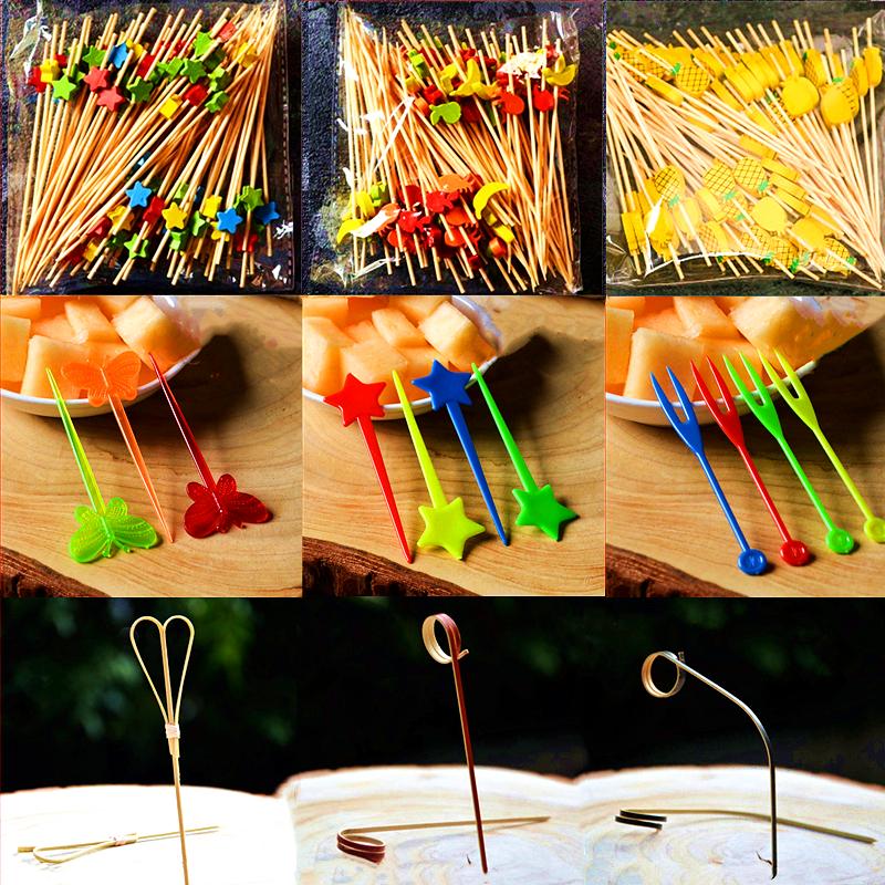 100pcs 12cm Fruit Cocktail Pick Stick Different Style Bamboo/PVC Buffet Cupcake Toppers Bar Tools Barware