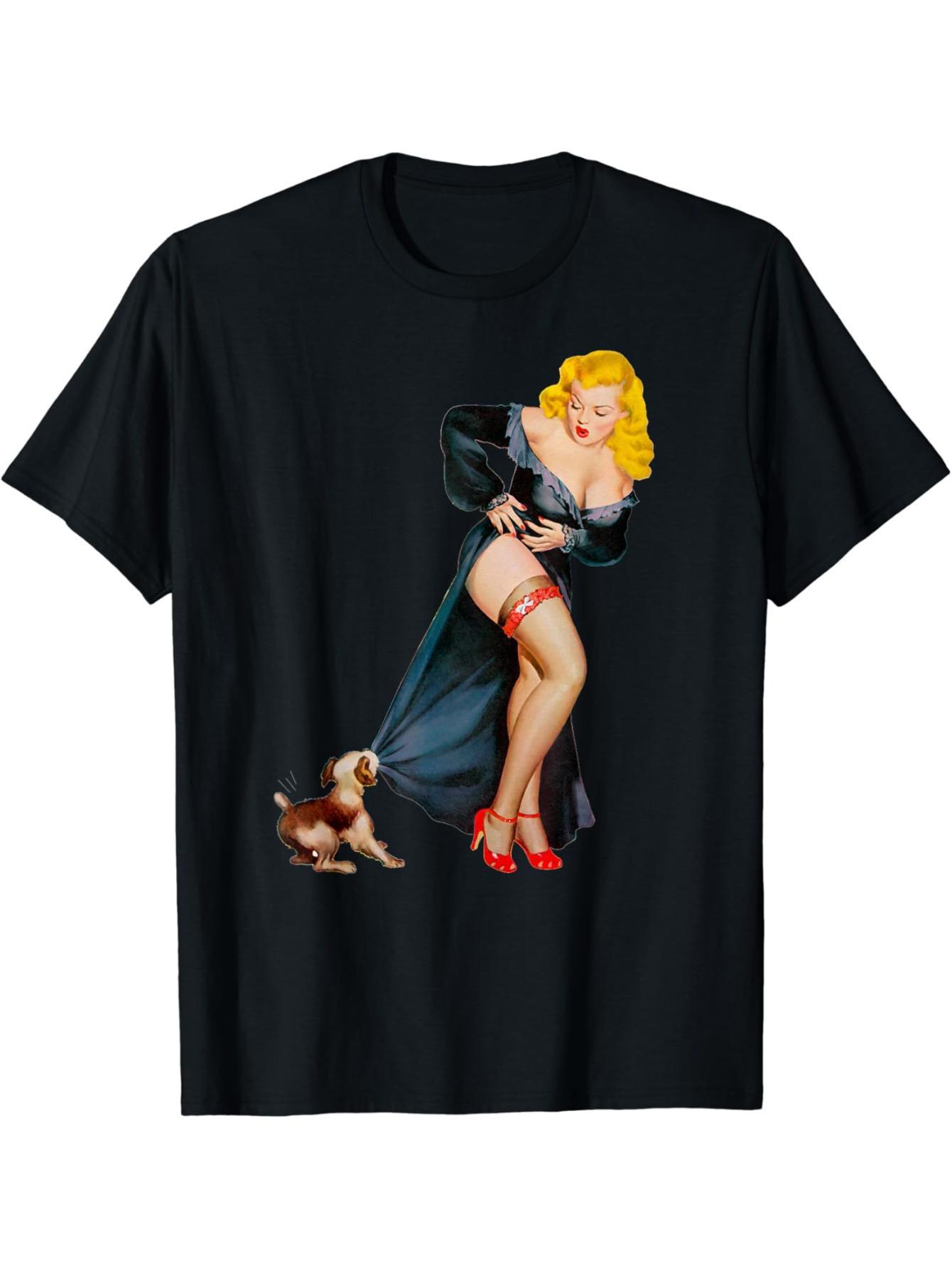 

Sexy blonde lingerie cute dog vintage tshirt creative pattern versatile shortsleeved shirt M