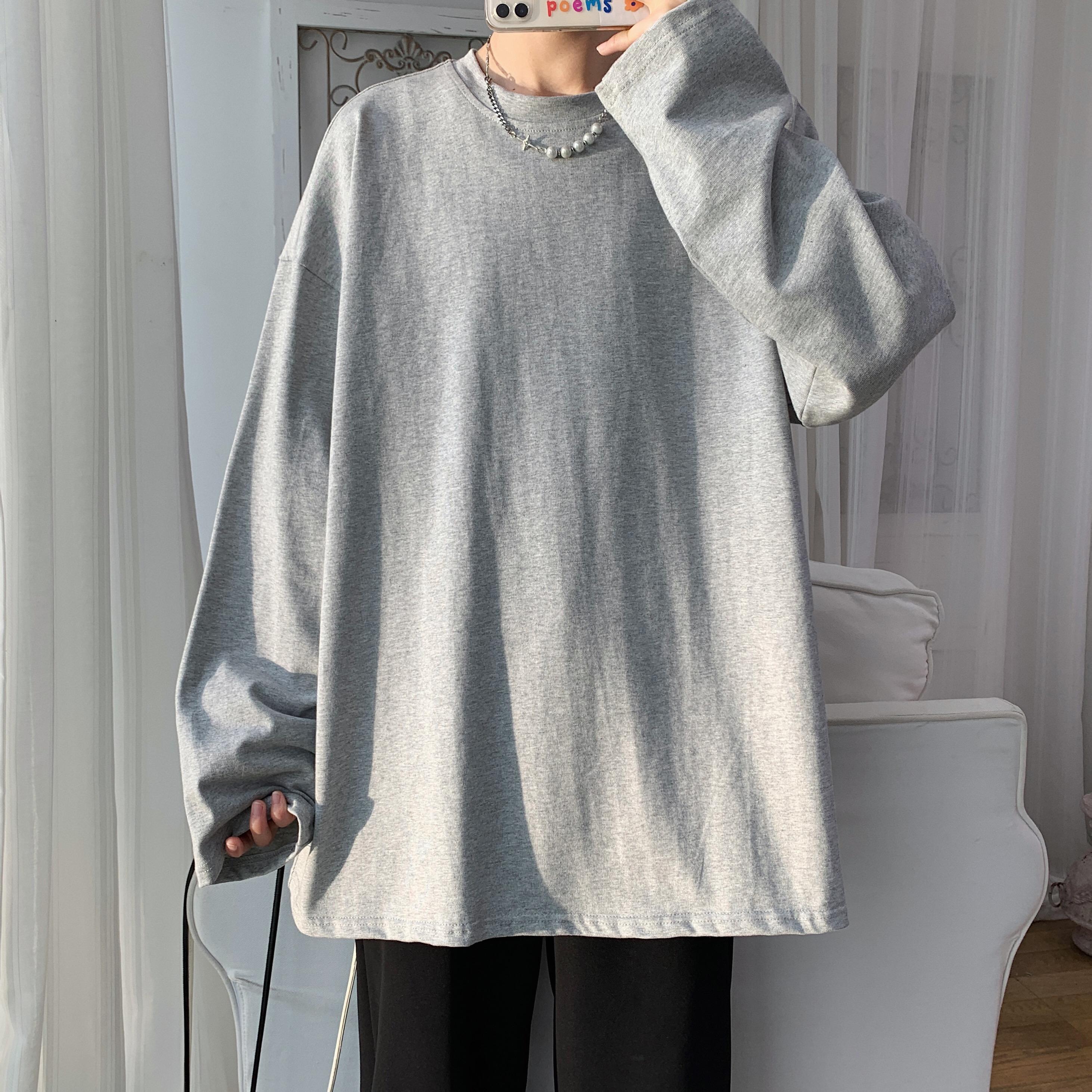 

Мужская и женская футболка оверсайз из 100% хлопка, мужская футболка с длинными рукавами, однотонная мужская футболка, мужские и женские топы XL серый