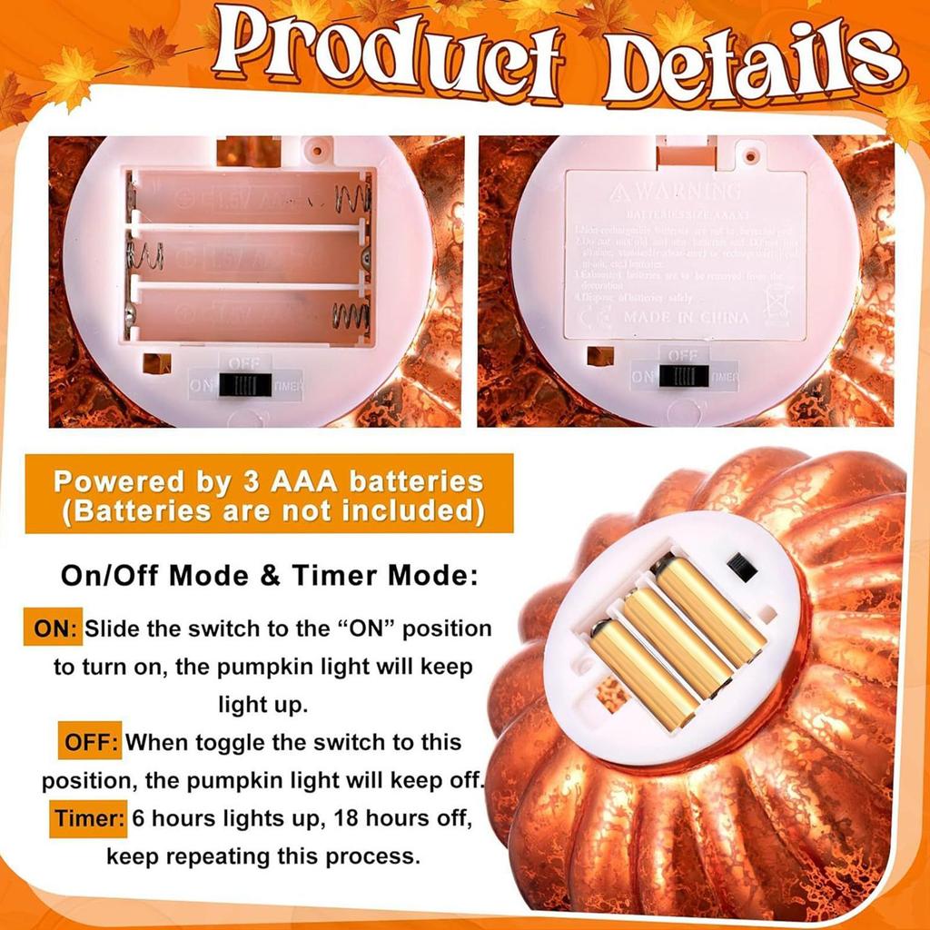 Autumn Thanksgiving Glass Pumpkin Halloween Lights with 6-Hour Timer LED Pumpkin Lights for Home Table Decoration Centerpiece