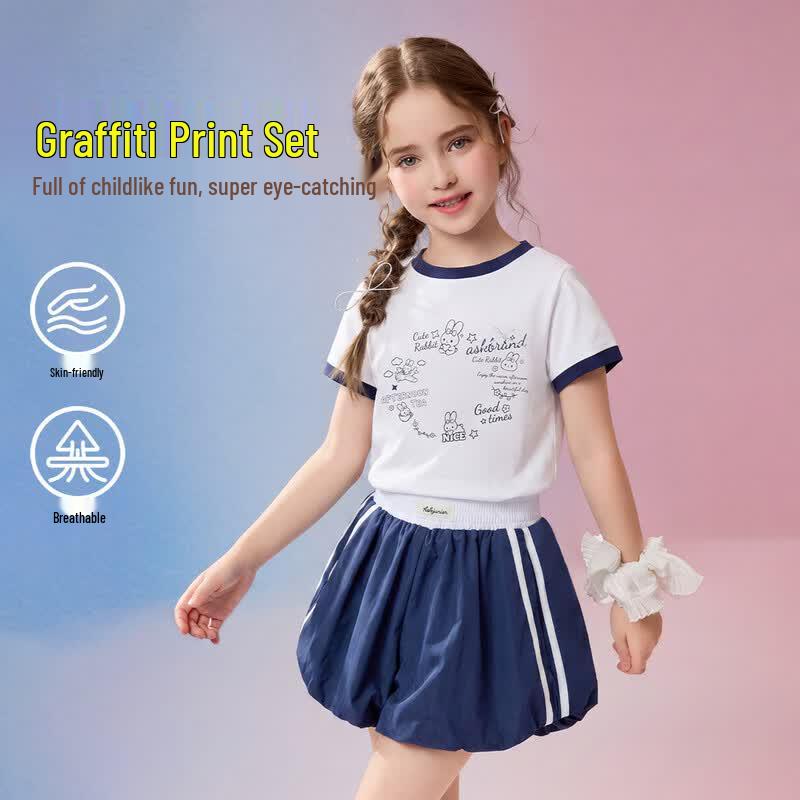 ASK JUNIOR Girls Summer Short Sleeve T-shirt & Bloomers Shorts Set 130