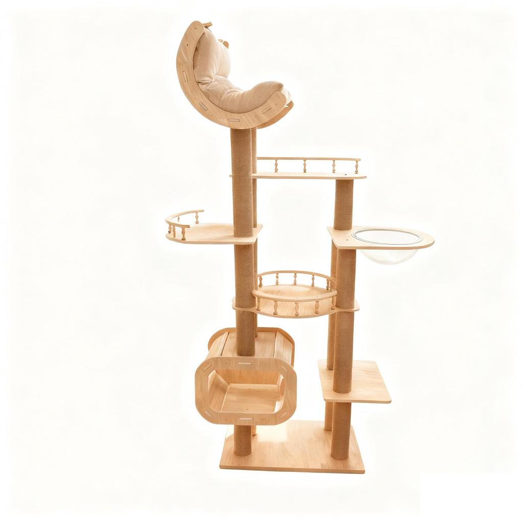 Solid Wood Cat Tree with Integrated Bed and Capsule Climber - Space-Saving Design for Small and Large Homes