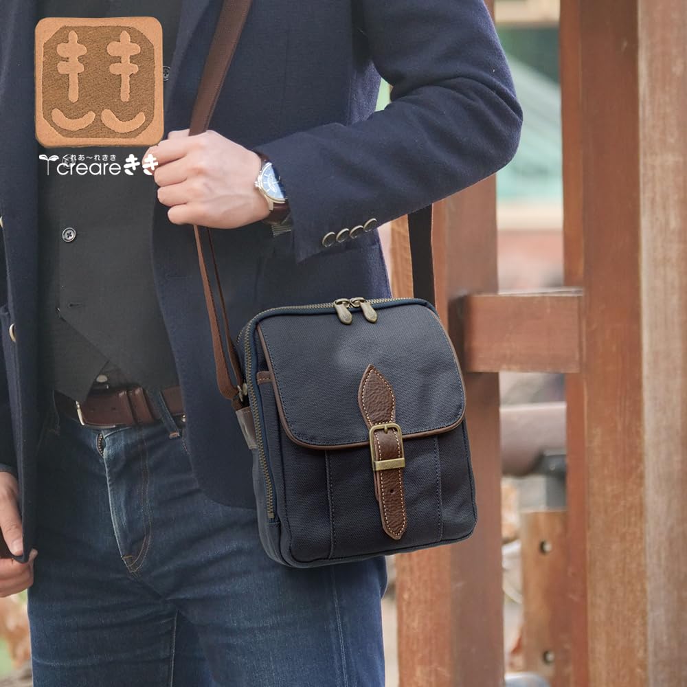 Creare Kiki Men's Vertical Shoulder Bag, B5 Size, Lightweight, Made in Japan, Indigo and Persimmon Dyed Canvas, Multi-Function Pocket Shoulder Bag,