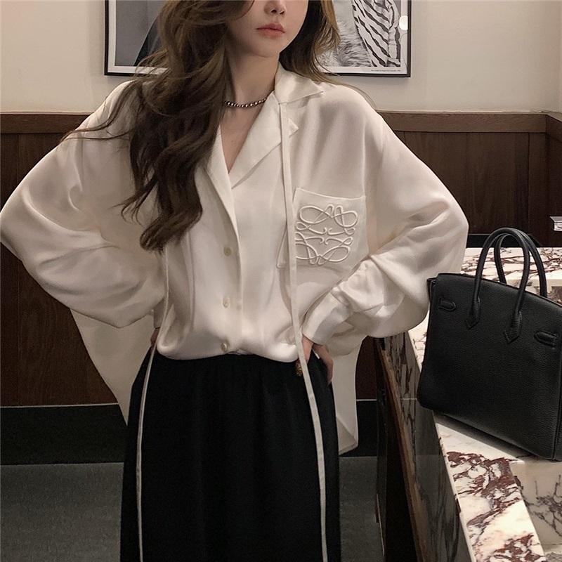 Spring Summer Women's High-End Satin Sheen Embroidered Shirt Blouse Cardigan Luxurious Top