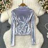 Basics Long Sleeves Stand Collar Hotsweet Vintage Metallic Color Fashion Slim Top Streetwear High Street Spring Autumn T-Shirts