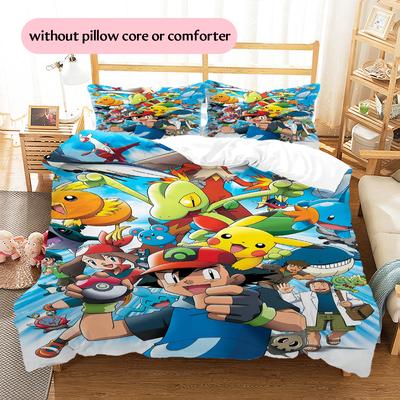 Pokemon Scene Illustration Bedding Set, Pokemon Scene Bedroom Decor, Gift for Pokemon Enthusiasts