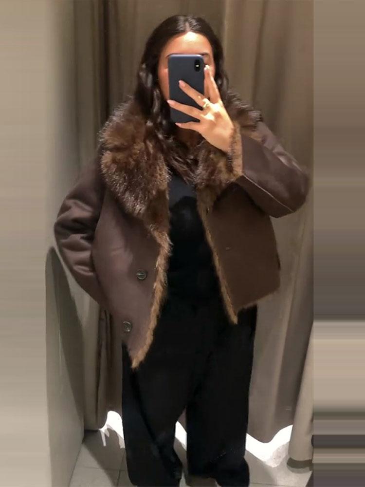 Women's Double-sided Winter Jacket Women's Synthetic Fur Suede Jacket Ladies' Warm Collar Button Top Brown Autumn and Winter